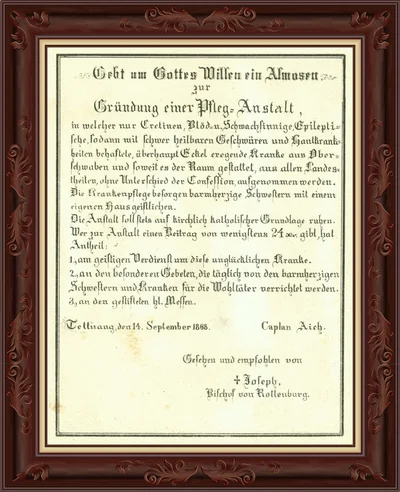 1867, Aichs Reisen. Um den Verein mit einer finanziellen Grundlage auszustatten, beginnt Adolf Aich eine große, mehrere Jahre währende Sammeltätigkeit. Ein Finanzierungsangebot der württembergischen Königin Olga lehnt Aich ab, da es die die Eingliederung in die staatliche Wohlfahrt bedeuten würde, die Einrichtung aber unabhängig bleiben soll. Sowohl Kritiker als auch Bewunderer seiner Sammeltätigkeit geben ihm originelle Namen, wie „Erzbettler“, „Bettelvogel“ oder „Abgraser“. Innerhalb von nur fünf Jahren trägt Aich mit Unterstützung des Vereins die stattliche Summe von fast 35.000 Gulden zusammen. Das Bild zeigt einen Brief zur Almosensammlung zur Gründung einer Pflegeanstalt, 1868.